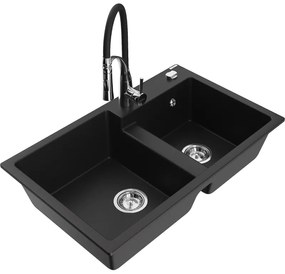 Mexen Tomas, 2-komorový granitový drez 800x500x190 mm a drezová batéria Aster, čierna, 6516-77-73450-07