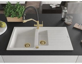 Mexen Matias, 1,5-komorový granitový drez 900x505x200 mm a drezová batéria Duo, biela, 6502-20-671701-57-G