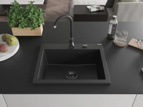 Mexen Elix, 1-komorový granitový drez 600 x 500 mm, čierna/strieborná metalíza, čierny sifón - 6525601005-73-B