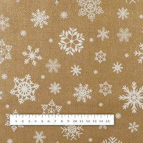 Vianočný PVC obrus Biele vločky na zlatom PV-070 - metráž š. 140 cm