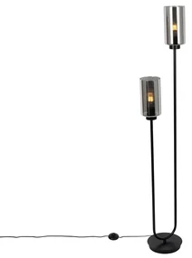 Art Deco stojaca lampa čierna s dymovým sklom 2-svetlo - Laura