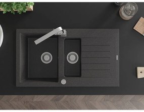 Mexen Matias, granitový drez 900x505x200 mm, 1,5-komorový a chrómová batéria Rita, čierna škvrnitá, 6502-76-670300-00