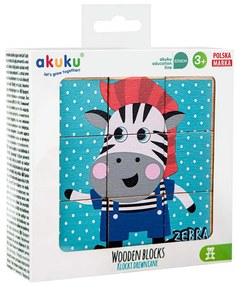 Skladacie edukačné drevené kocky v krabičke Akuku ZOO 9 ks