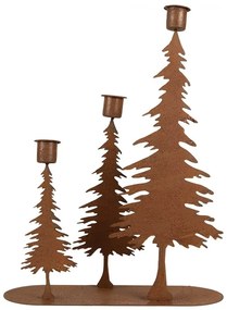 Hrdzavý kovový vianočný svietnik so stromčekmi na úzke sviečky - 14*14*26 cm