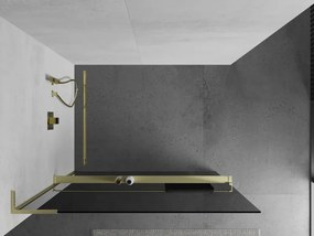 Mexen Kioto+ L, sprchová zástena Walk-In s poličkou a vešiakom 70 x 200 cm, 8mm šedé sklo, zlatý matný profil, 800-070-123-55-40