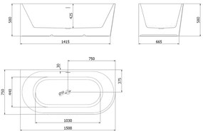 Mexen Silo, rohová voľne stojaca ryhovaná vaňa, ľavá, 150 x 75 cm, biela-čierna, medený matný prepad, 52891507575L-65