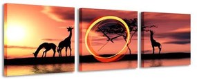 3-dielny obraz s hodinami, žirafy, 35x105cm