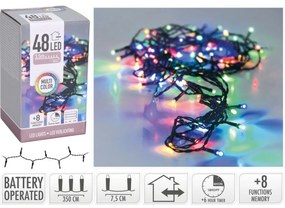 LED Vianočná vonkajšia reťaz farebná, 48x LED, 3,5 m, na batérie 3x AA, časovač, 3 m