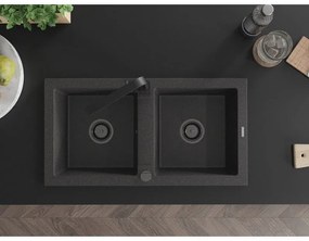 Mexen Mario, granitový drez 820x436x161 mm, 2-komorový, čierna škvrnitá s čiernym sifónom a čierna drezová batéria Rita, 6504-76-670300-70-B