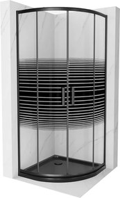 Mexen Rio, štvrťkruhový sprchovací kút s posuvnými dverami 90(dvere) x 90(dvere) x 190 cm, 6mm číre sklo s pásikmi, čierny profil + čierna sprchová vanička Slim, 863-090-090-70-20-4170B