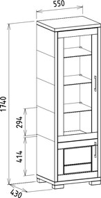 Úzka moderná vitrína s presklenými dvierkami, 55x43x174 cm Otváranie vľavo