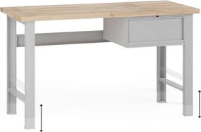 Výškovo nastaviteľný dielenský stôl G7, buková škárovka, 1500 x 800 x 840-1040 mm, 1x kontajner, 1 zásuvka, sivá