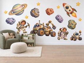 Kozmonauti baníci na asteroidoch dobrodružné akvarelové nálepky na stenu pre chlapcov i dievčatá arch 46 x 34 cm