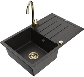 Mexen Bruno, 1-komorový granitový drez s odkvapkávačom 80x50 cm a kuchynskou batériou Telma, čierna-zlatá, 6513-75-670200-50