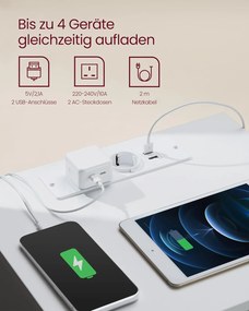Nočný stolík s napájacou lištou, príručný stolík s 3 zásuvkami, 2 AC výstupmi, 2 USB porty, biely