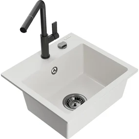 Mexen Milo, 1-komorový granitový drez 435x410x171 mm a drezová batéria Flora, biela, 6505-20-670401-70-B