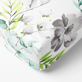 Goldea bavlnená napínacia plachta deluxe - eukalyptus s kvety 120 x 200 cm