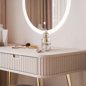 Toaletný stolík CORA II kašmír + zlatá + led zrkadlo