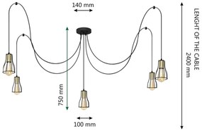 Luster na lanku TUBE LONG 5xE27/15W/230V čierna/zlatá