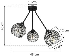 Stropné svietidlo Crystal Trio, 3x čierne krištáľové tienidlo