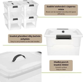 Sada 4 úložných boxov s viečkami, 30 l, plast, priehľadné