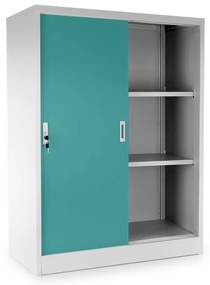 Stredná univerzálna kovová skriňa s posuvnými dverami 90 x 40 x 120 cm, cylindrický zámok, zelená - ral 6033