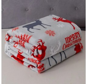 2x Sivá vianočná mikroplyšová deka MERRY CHRISTMAS DEER 160x200 cm
