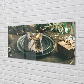Sklenený obraz Tanier príbory ozdoby darčeky 140x70 cm