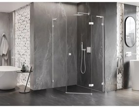 Mexen Lunar, L pravý výklopný päťuholníkový sprchový kút 90 x 100 cm, 8mm číre sklo, biely profil, 831L-090P-100L-20-00-P