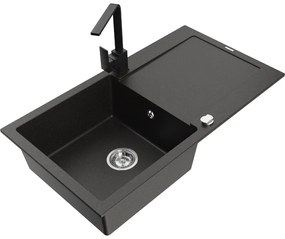 Mexen Leo, drez granitový 900x500x190 mm, 1-komorový, čierna - zlatá metalíza s chrómovým sifónom a čierna drezová batéria Rita, 6501-75-670300-70