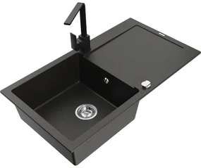 Mexen Leo, drez granitový 900x500x190 mm, 1-komorový, čierna - zlatá metalíza s chrómovým sifónom a čierna drezová batéria Rita, 6501-75-670300-70
