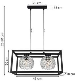 Závesné svietidlo Crystal cage, 2x strieborné krištáľové tienidlo v kovovom ráme