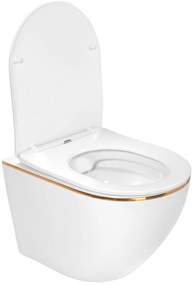 Rea Carlo Mini, závesná WC misa 49x37 cm Rimless s pomaly padajúcim toaletným sedadlom, biela-zlatý okraj, REA-C1222