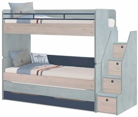 Poschodová posteľ s prístelkou a schodíkmi Lincoln Modular - dub, dub modrá, dub tmavo modrá