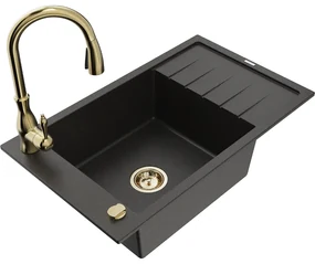 Mexen Elias, 1-komorový granitový drez 795x480x200 mm a drezová batéria Savita, čierna-zlatá metalíza, 6511-75-672601-50