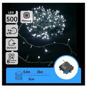 Aigostar - LED vonkajšia vianočná reťaz 500xLED/8 funkcií 4xAA 25,3 m studená biela