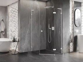 Mexen Lunar, L pravý výklopný päťuholníkový sprchový kút 90 x 100 cm, 8mm číre sklo, biely profil, 831L-090P-100L-20-00-P