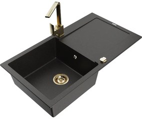 Mexen Leo, drez granitový 900x500x190 mm, 1-komorový, čierna - zlatá metalíza so zlatým sifónom a zlatá drezová batéria Rita, 6501-75-670300-50