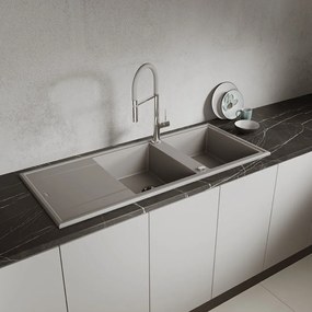 Laveo Megalo, 2-komorový granitový drez 1160x500x185 mm s dlhým odkvapávačom, šedá, LAV-SBE_521T