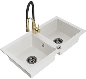 Mexen Mario, granitový drez 820x436x161 mm, 2-komorový a drezová batéria Aster, biela, 6504-20-73450-57-B