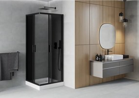 Mexen Rio, štvorcový sprchovací kút s posuvnými dverami 80(dvere) x 80(dvere) x 190 cm, 6mm šedé sklo, čierny profil + biela sprchová vanička RIO, 860-080-080-70-40-4510