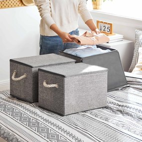 Úložné boxy s vekom, sada 3 ks, textilné, sivé