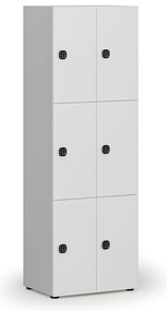 Drevená šatníková skrinka s úložnými boxmi, 6 boxov, kódový zámok, sivá/biela