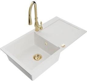 Mexen Leo, 1-komorový granitový drez 900x500x190 mm a drezová batéria Savita, biela, 6501-20-672601-50