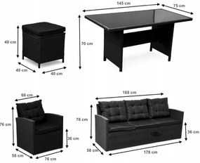 Ratanová súprava so stolíkom, pohovkou a 2 kreslami - hnedá + sivé vankúše