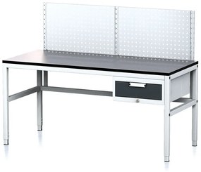 Alfa 3 Nastaviteľný dielenský stôl MECHANIC II s perfopanelom, 1 zásuvkový box na náradie, 1600x700x745-985 mm, sivá/antracit