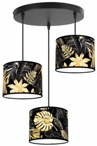 Závesné svietidlo Gold Flowers, 3x čierne textilné tienidlo s kvetinovým vzorom, o