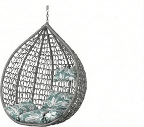 Sivé závesné kreslo KOKON bez stojana, zeleno-biely vankúš