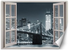 Gario Fototapeta Okno - New York City Brooklyn Bridge v čiernej a bielej farbe Materiál: Vliesová, Rozmery: 140 x 100 cm