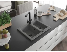 Mexen Carlos, 1,5-komorový granitový drez 582x475x177 mm a drezová batéria Duero, šedá, 6518-71-671600-70-B